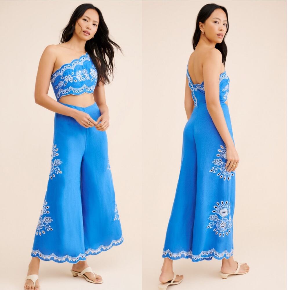 NWT Anthropologie Farm Rio One Shoulder Embroidered Cut Out Linen Jumpsuit Large